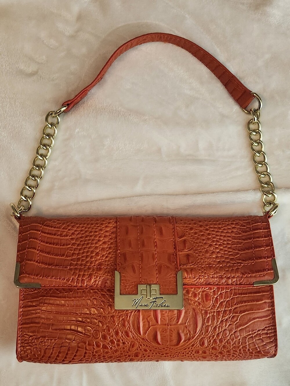 Marc Fisher Orange Croc-Embossed Shoulder Bag with Gold Hardware
